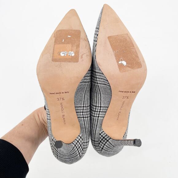 Manolo Blahnik Campari Houndstooth Wool Black Trim Mary Jane Heels Pumps IT 37.5 - Picture 10 of 11